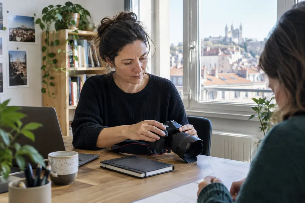 Une rédactrice prépare une séance photo dans un bureau lumineux aux murs sobres.