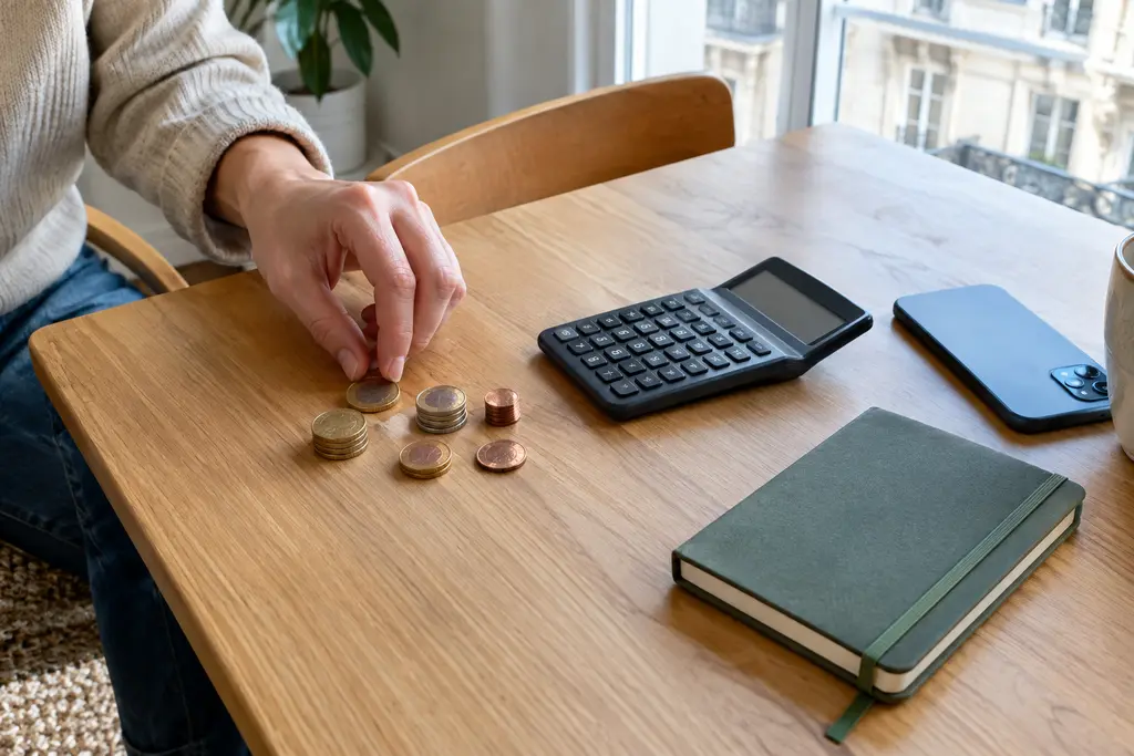 Des pièces, une calculatrice éteinte et un téléphone reposent sur une table en bois clair.