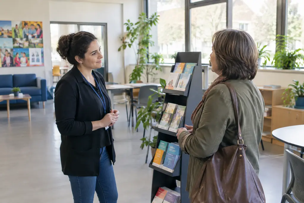 Une conseillère accueille une visiteuse dans un espace de service social lumineux.