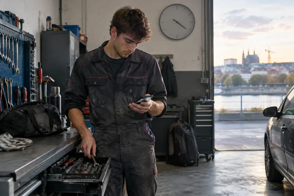 Un salarié range ses outils après son service dans un atelier de réparation.
