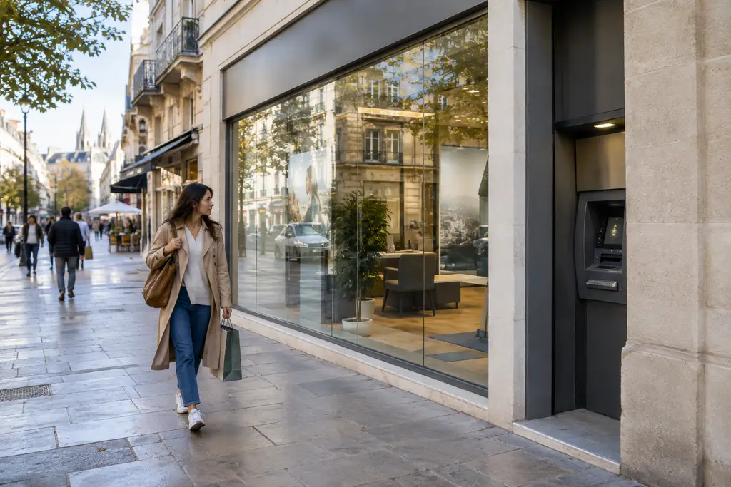 Une passante longe une agence bancaire discrète dans une rue commerçante bordelaise.