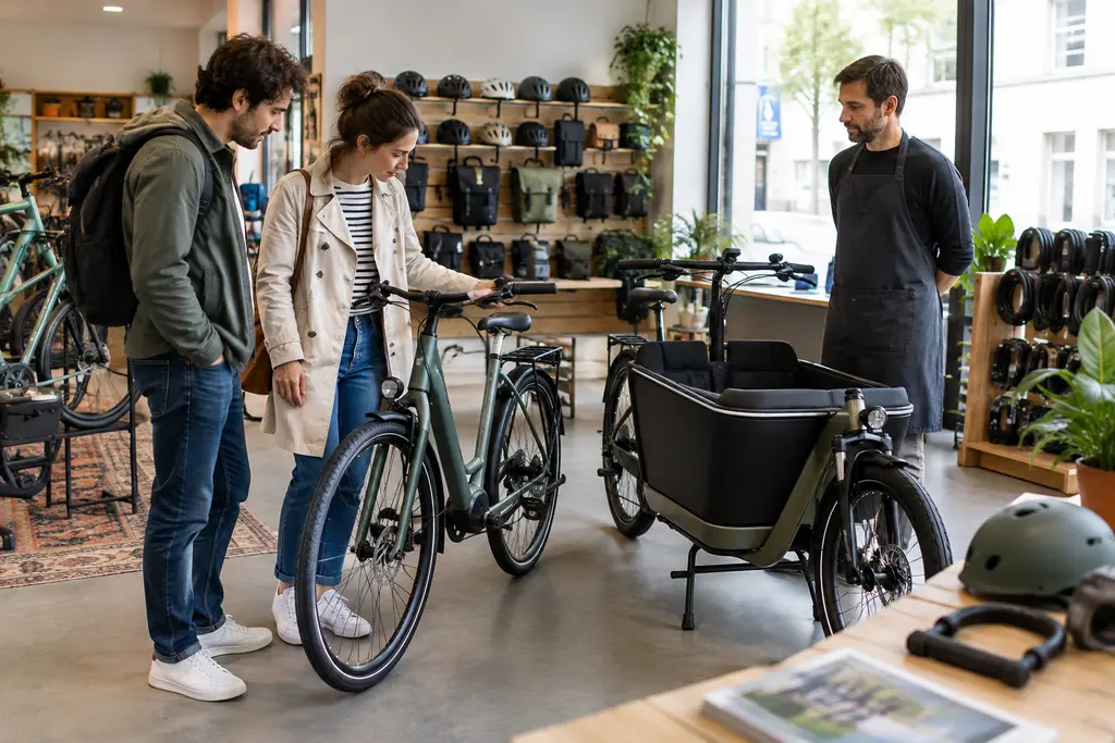 Un couple examine deux vélos dans un commerce indépendant aux rayons lumineux.
