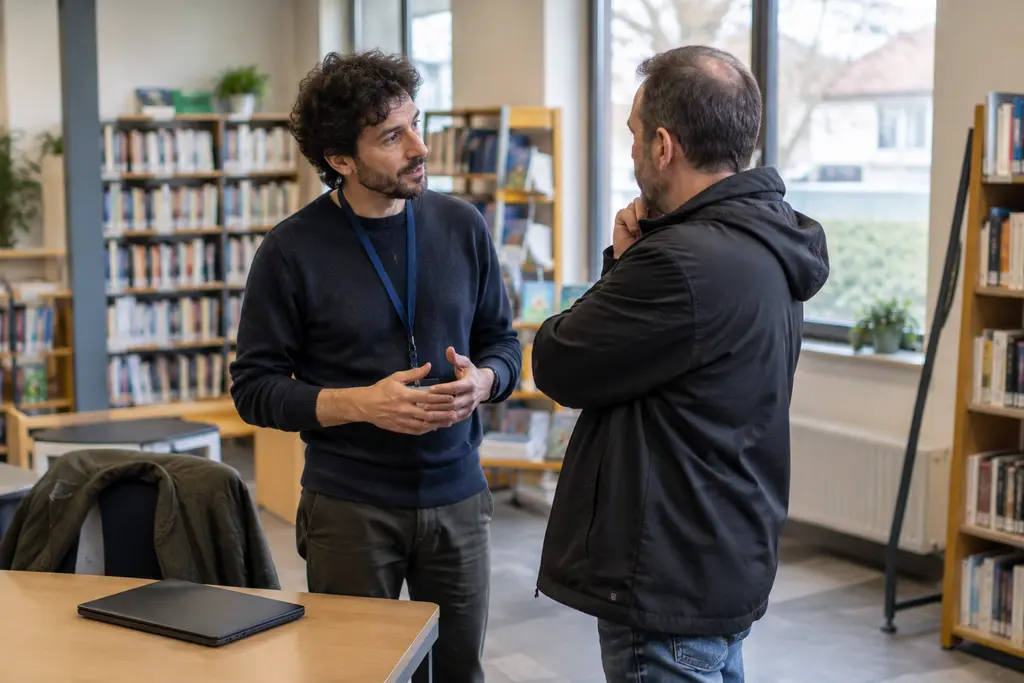 Un conseiller échange avec un visiteur debout dans une bibliothèque municipale.