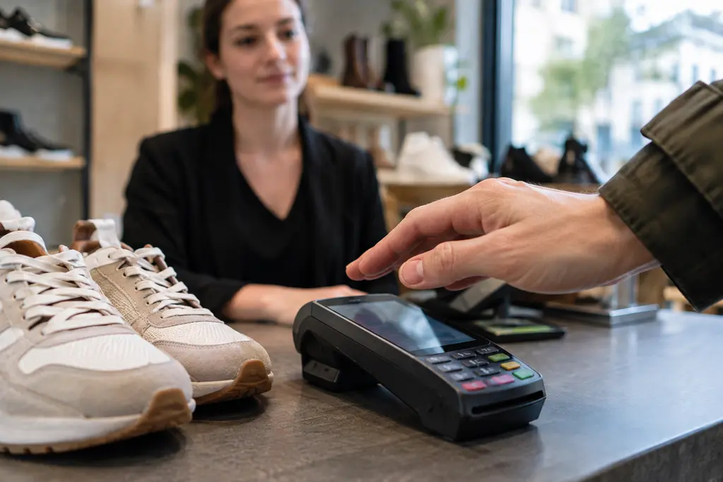 Une main hésite au-dessus d’un terminal neutre près d’une paire de chaussures.