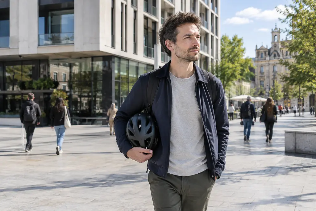 Un homme traverse une place ensoleillée, son casque de vélo sous le bras.