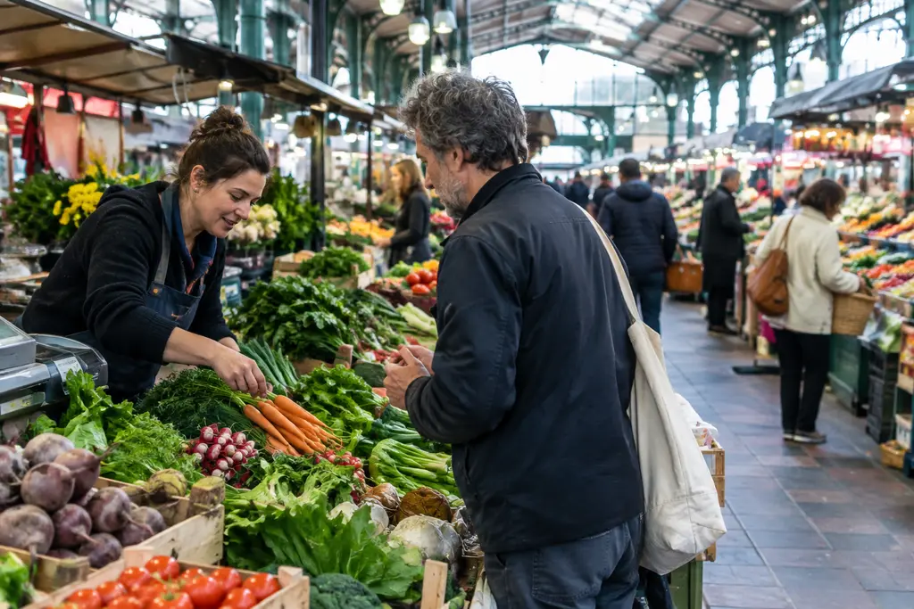 Une commerçante et un client échangent devant des étals de légumes colorés.