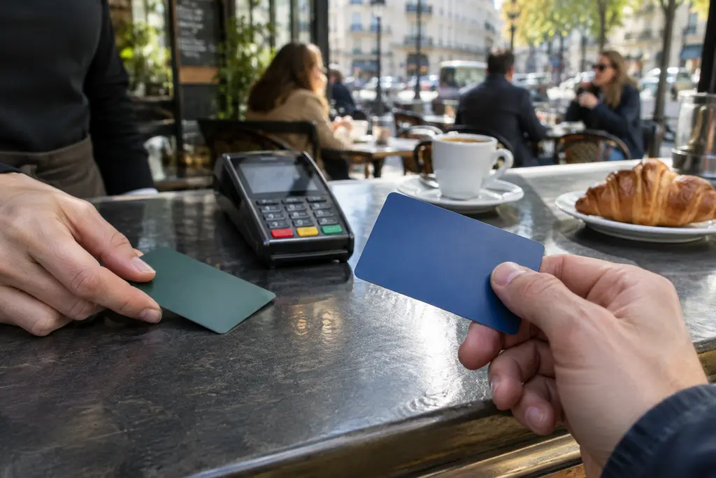 Deux cartes neutres sont comparées au-dessus du comptoir d’un café.