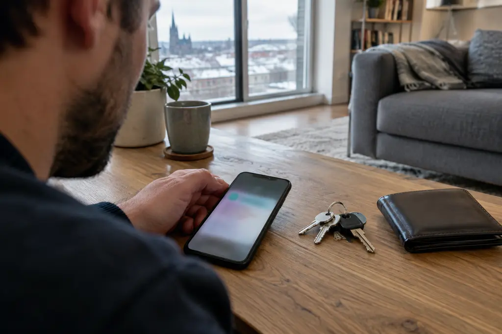 Un téléphone flou repose près de clés et d’un portefeuille fermé, sans carte visible.