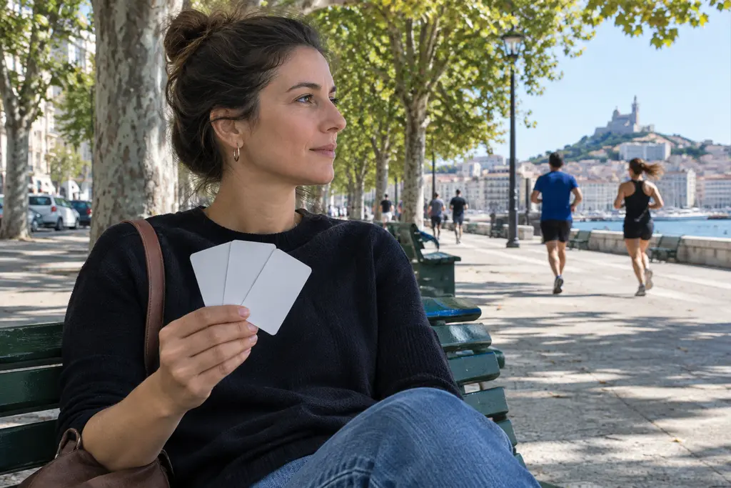 Une femme tient trois cartes neutres en éventail sur un banc de parc.