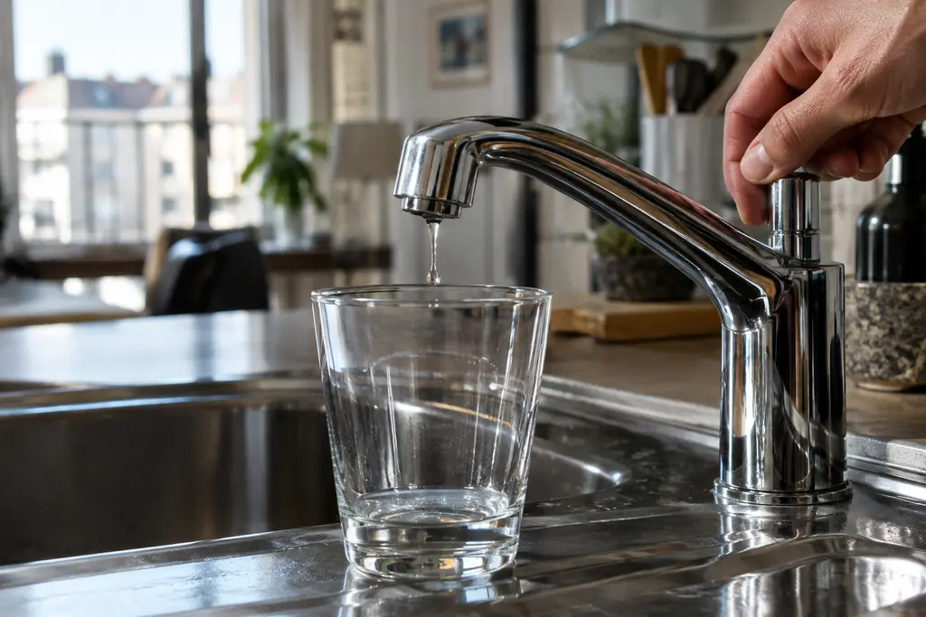 Une main resserre le robinet au-dessus d’un verre transparent presque vide.
