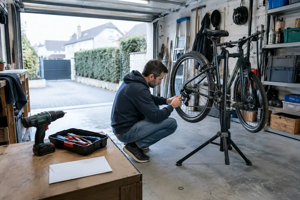 Une caisse à outils et un vélo en réparation occupent un garage domestique.
