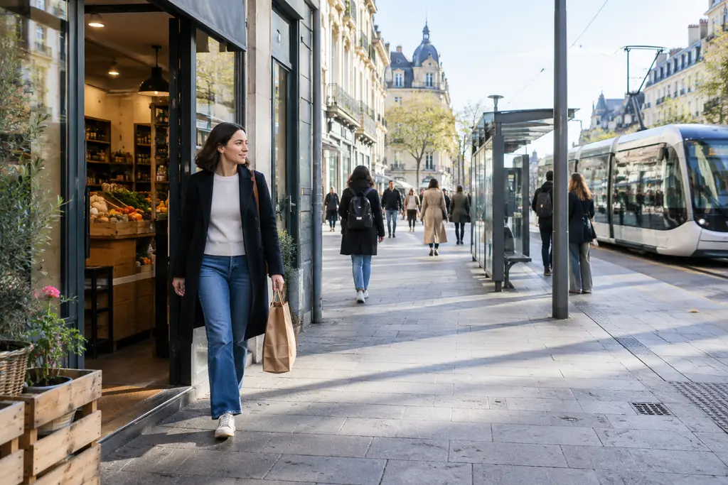 Une personne marche avec un sac de courses dans une rue piétonne nantaise.