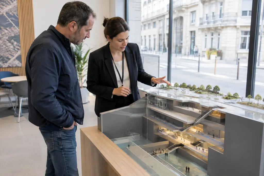 Un visiteur et une agente observent une maquette dans un centre d’information lumineux.