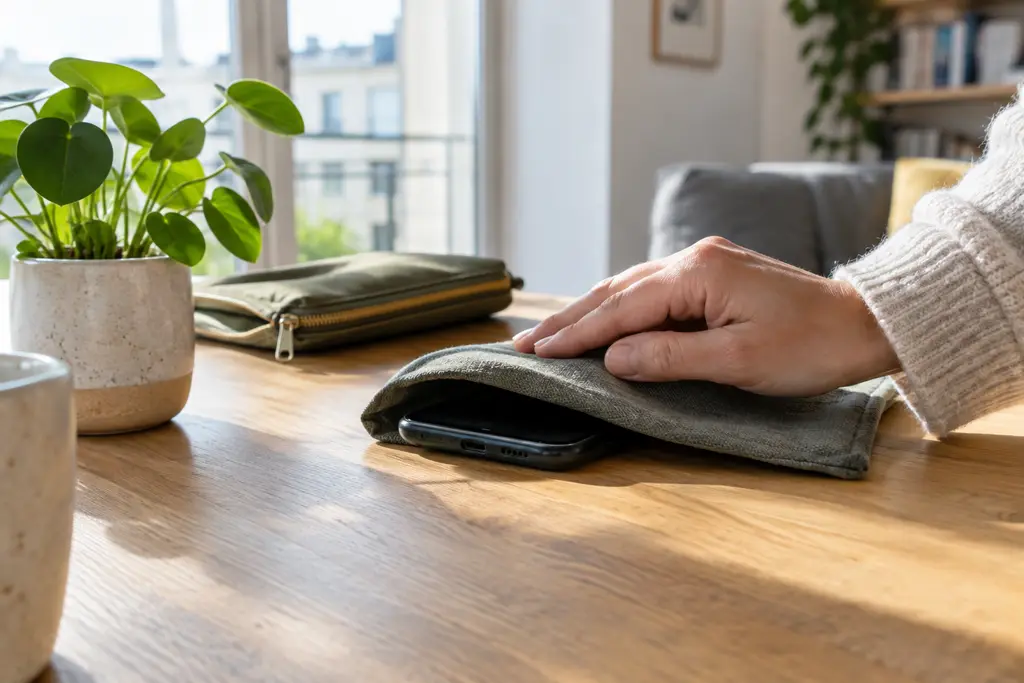 Une main recouvre un téléphone retourné posé près d’une plante en pot.