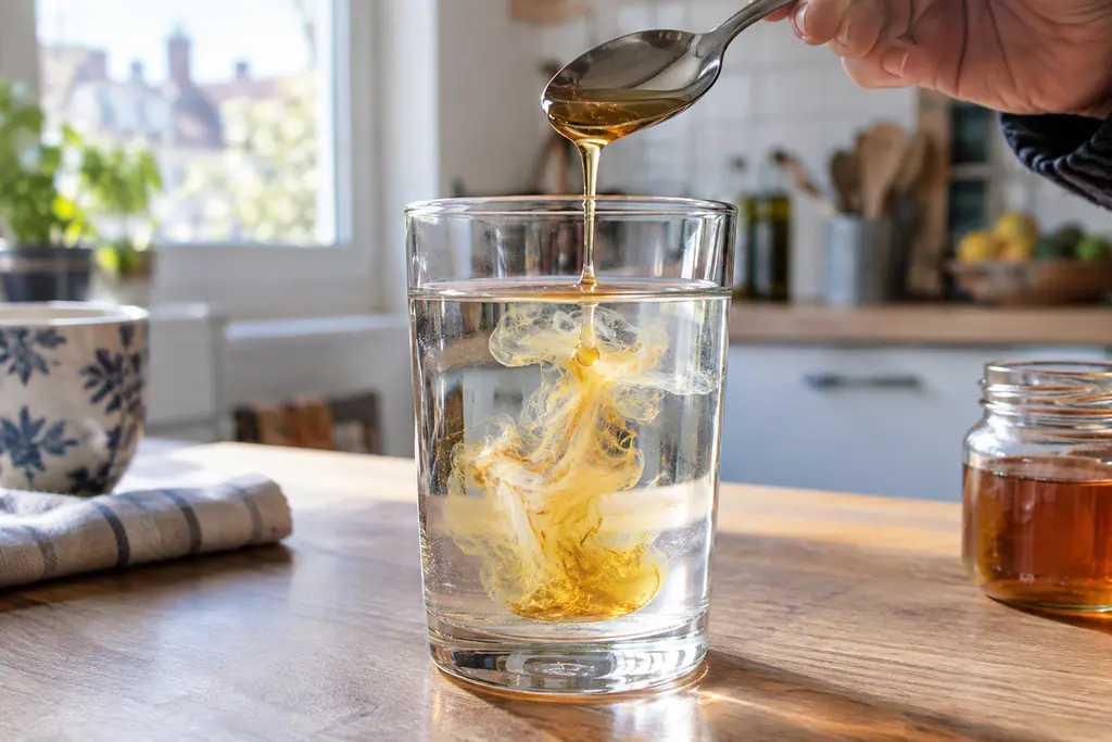 Du sirop se diffuse dans un verre d’eau, formant des volutes visibles en gros plan.