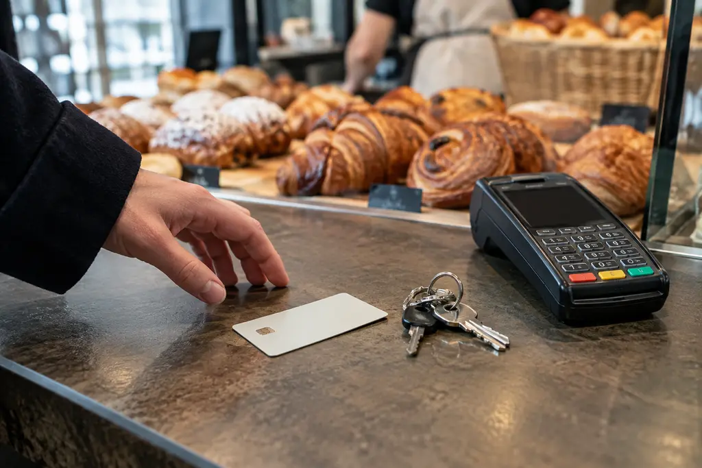 Une carte neutre et des clés reposent près d’un terminal sur un comptoir de boulangerie.