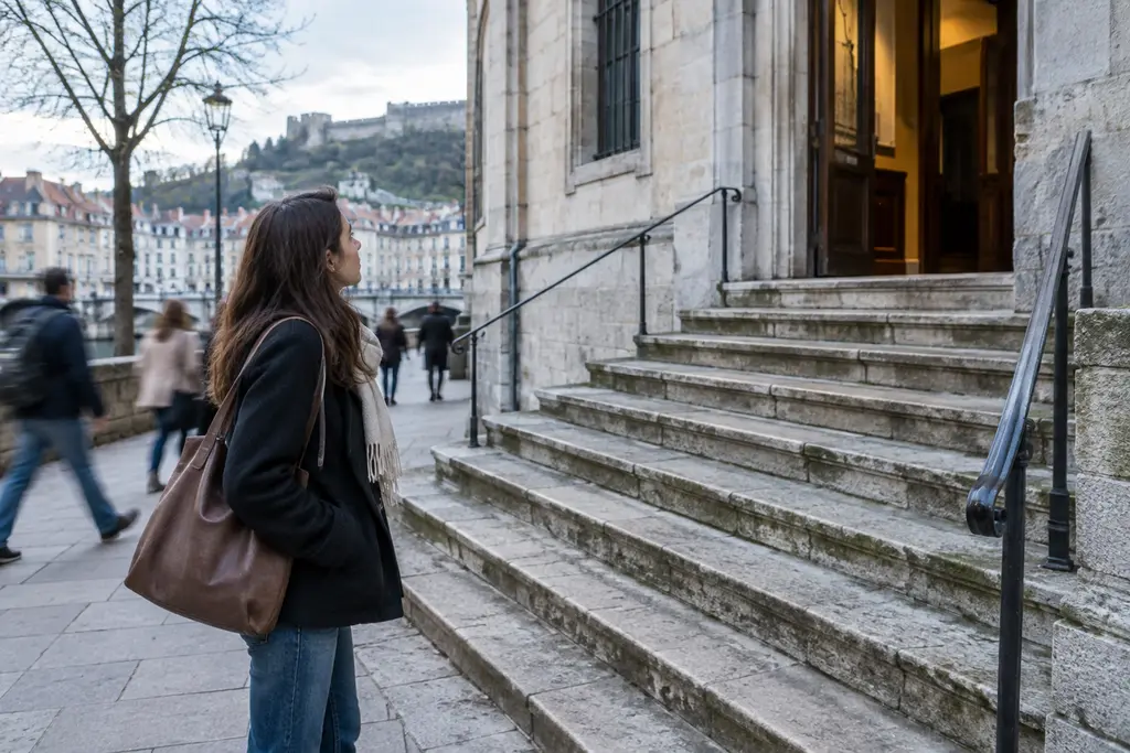 Une femme observe un escalier de pierre qui monte vers une porte ouverte.
