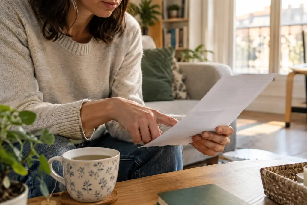 Une main suit une feuille retournée près d’une tasse de thé dans un salon.
