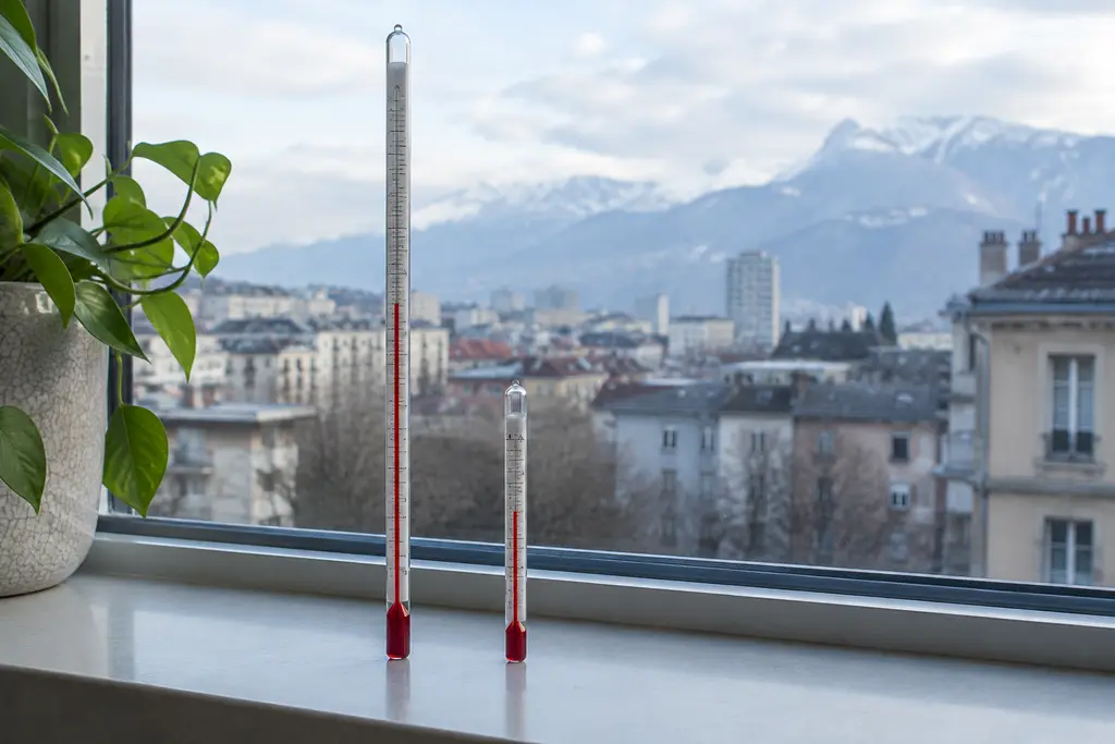 Deux thermomètres sans graduations lisibles reposent côte à côte sur un rebord de fenêtre.