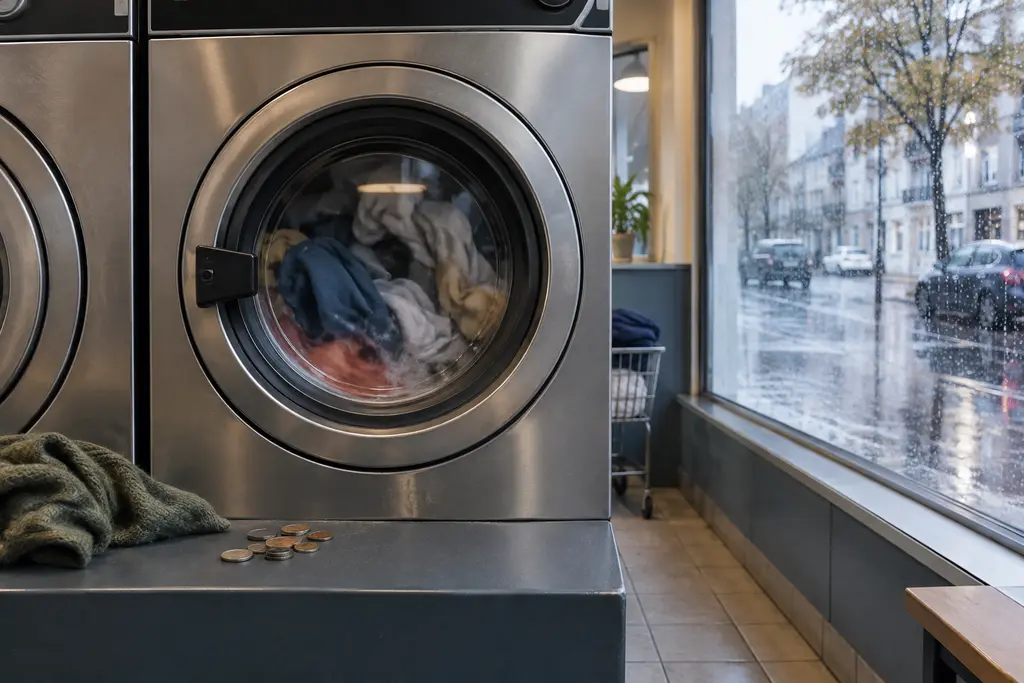 Un tambour de machine tourne dans une laverie, près de quelques pièces.