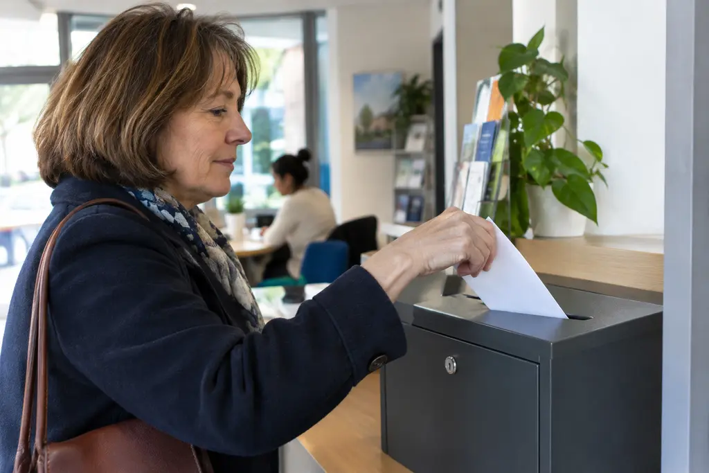 Une femme dépose une enveloppe vierge dans une boîte sécurisée d’un bureau associatif.