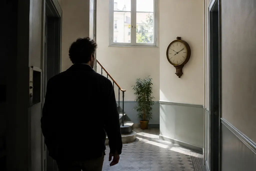 Un homme marche vers la lumière dans un hall où une horloge sans chiffres est accrochée.