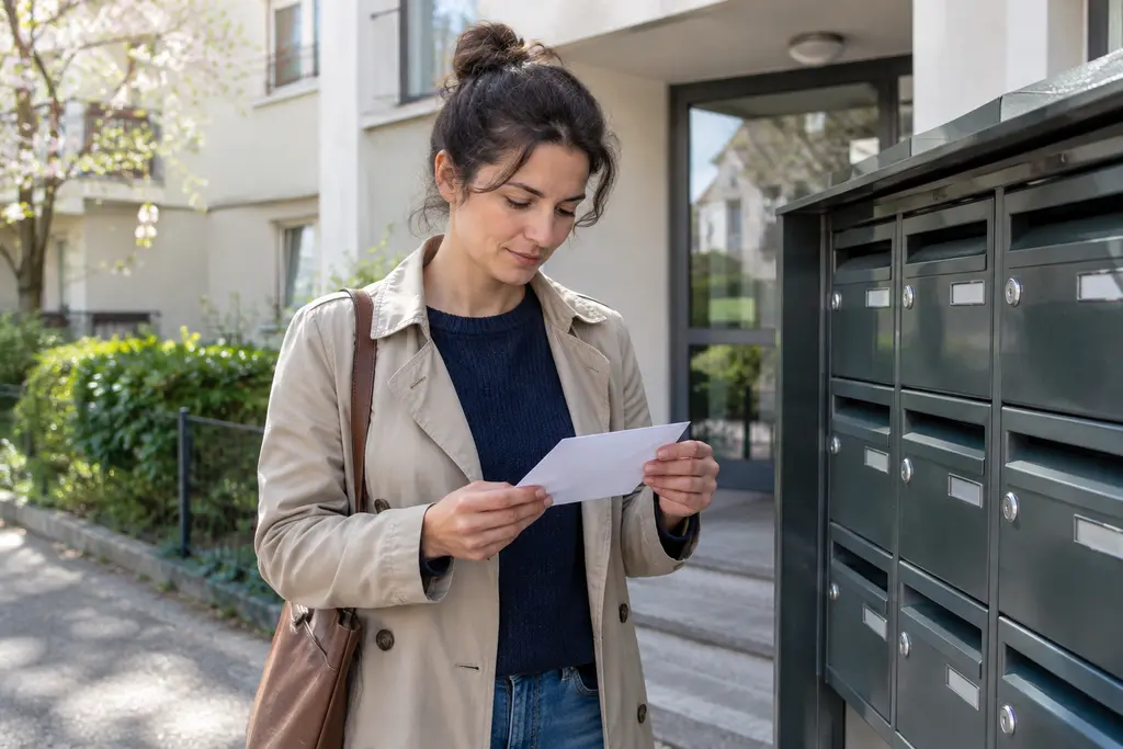 Une femme tient une enveloppe fermée devant les boîtes aux lettres de son immeuble.