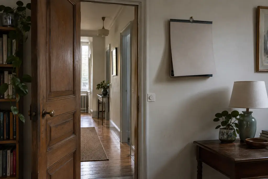 Une porte en bois entrouverte donne sur un corridor éclairé, près d’un calendrier retourné.