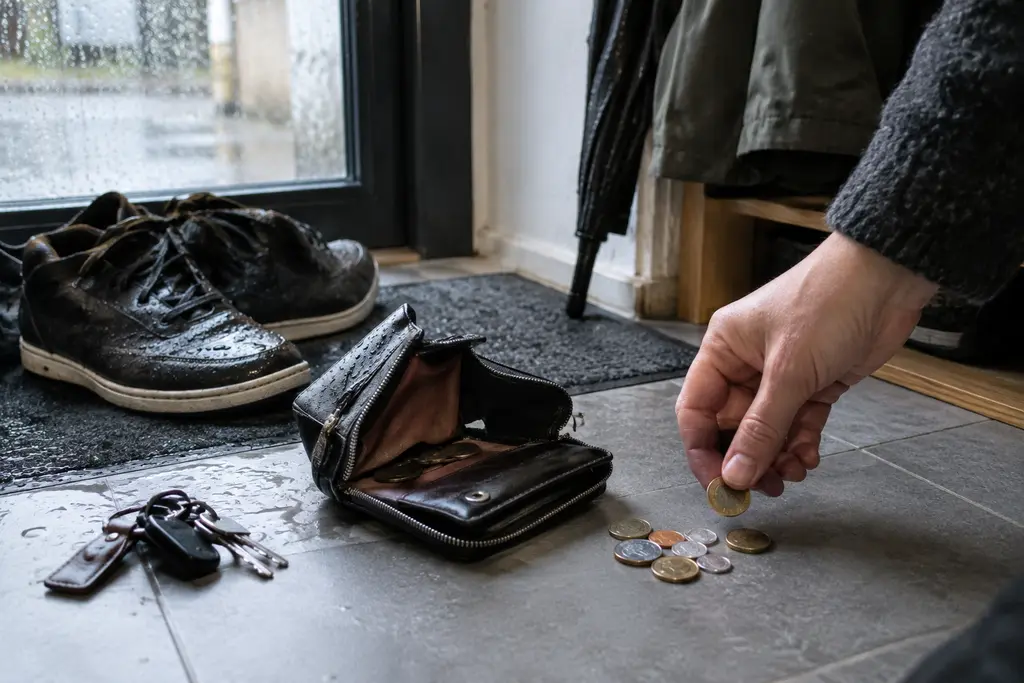 Une main examine quelques pièces près d’un porte-monnaie et de chaussures mouillées.