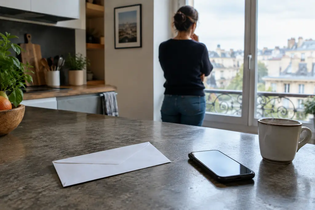 Une enveloppe fermée et un téléphone retourné reposent sur un banc de cuisine.