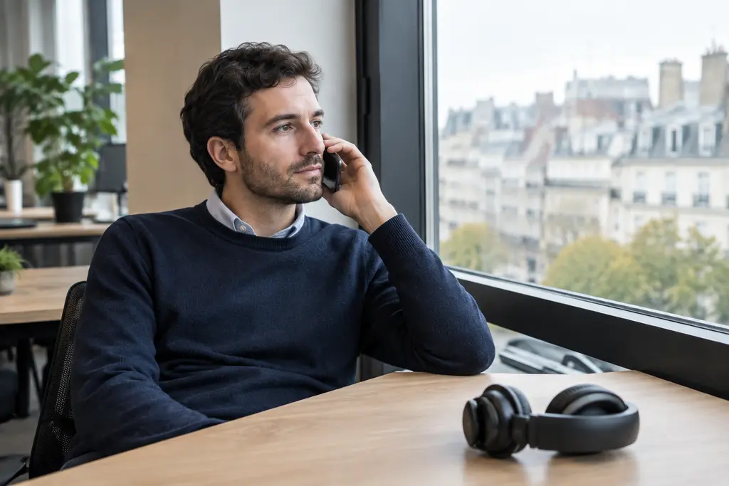 Un homme écoute un appel dans un espace de travail lumineux, bureau presque vide.