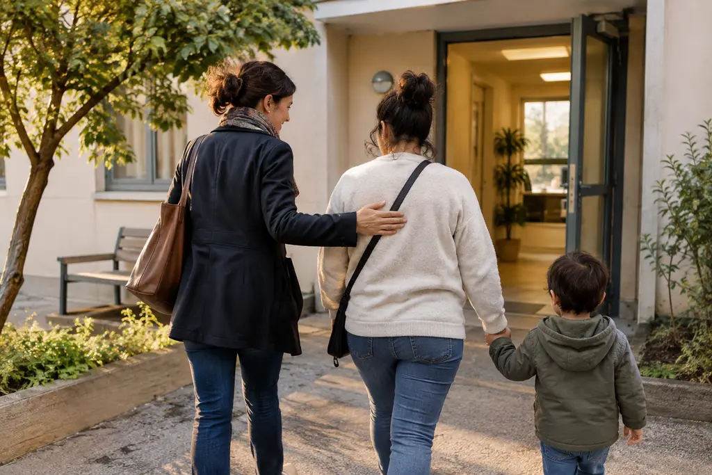 Une travailleuse sociale accompagne une mère et son enfant vers une entrée lumineuse.