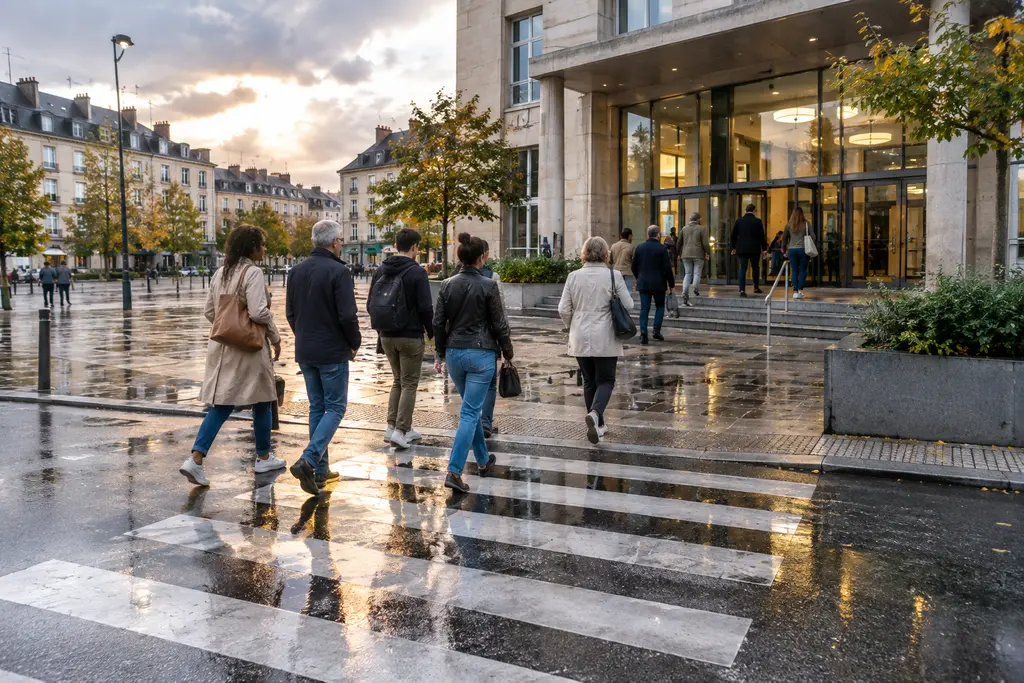 Des passants traversent une place mouillée en direction d’un bâtiment public ouvert.