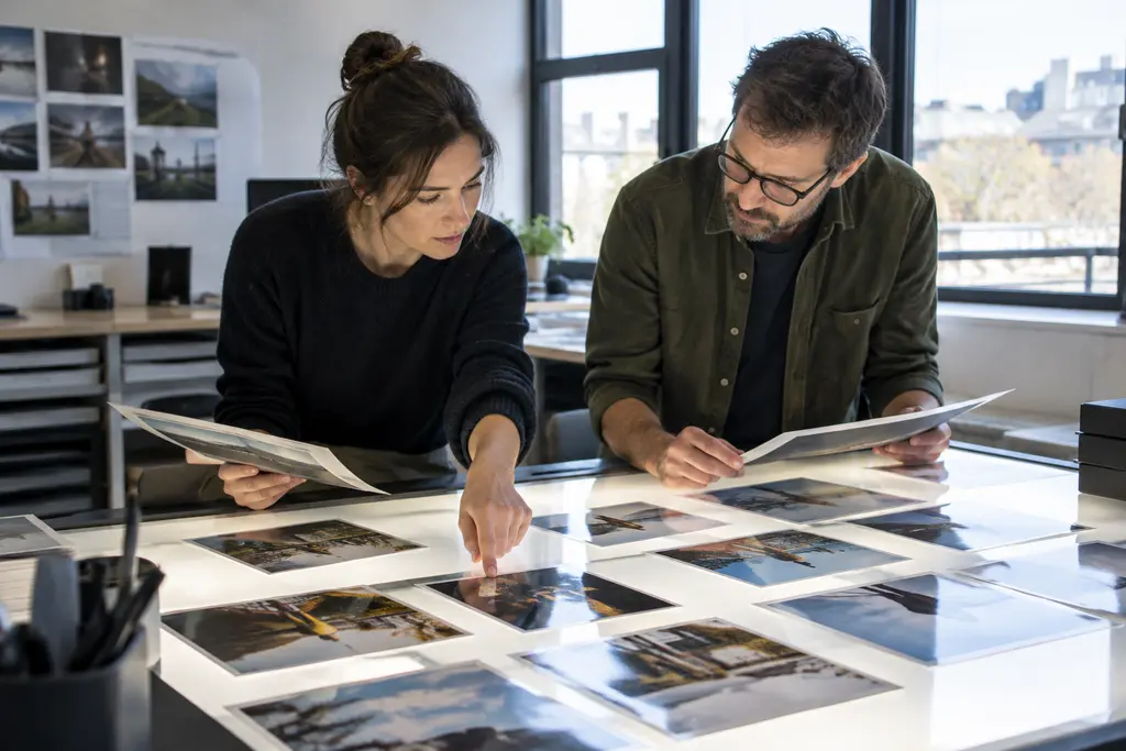 Deux collègues comparent des tirages retournés sur une table lumineuse de bureau.