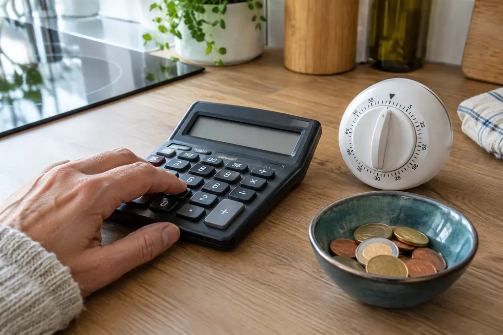 Une main tient une calculatrice éteinte près d’un minuteur et de pièces.
