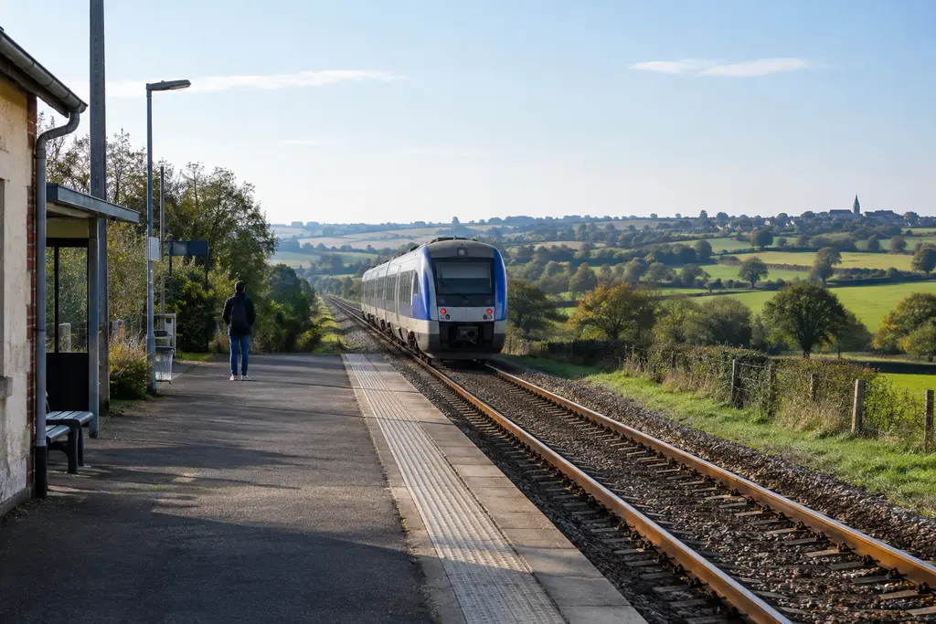 Un train régional s’éloigne sur des rails traversant un paysage de bocage.