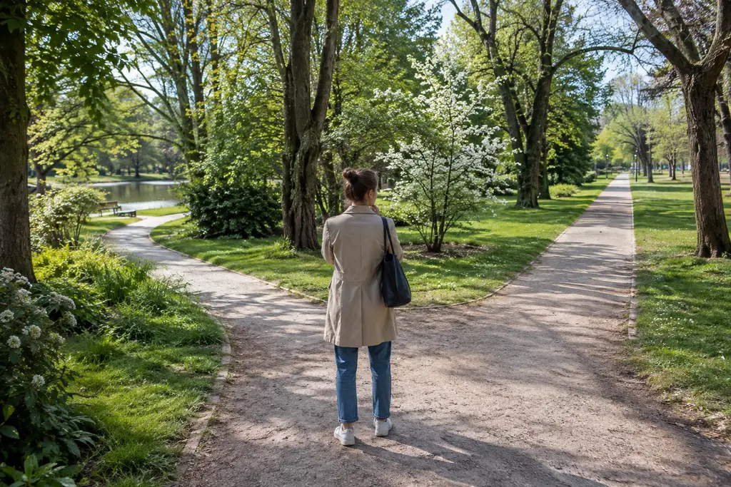 Une personne hésite entre deux chemins qui se séparent dans un parc urbain.