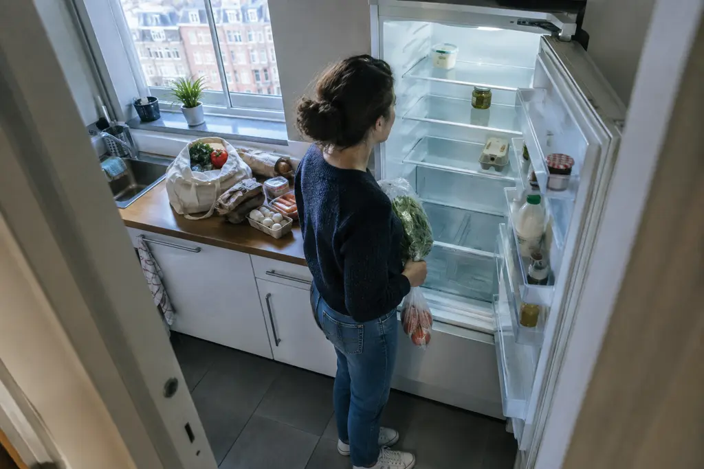 Une femme range quelques courses dans un réfrigérateur aux compartiments bien visibles.