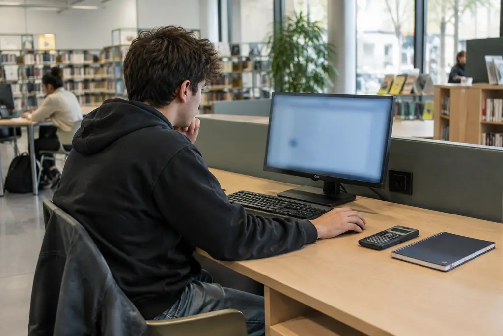 Un étudiant utilise un ordinateur flou dans une médiathèque, avec une calculatrice neutre.