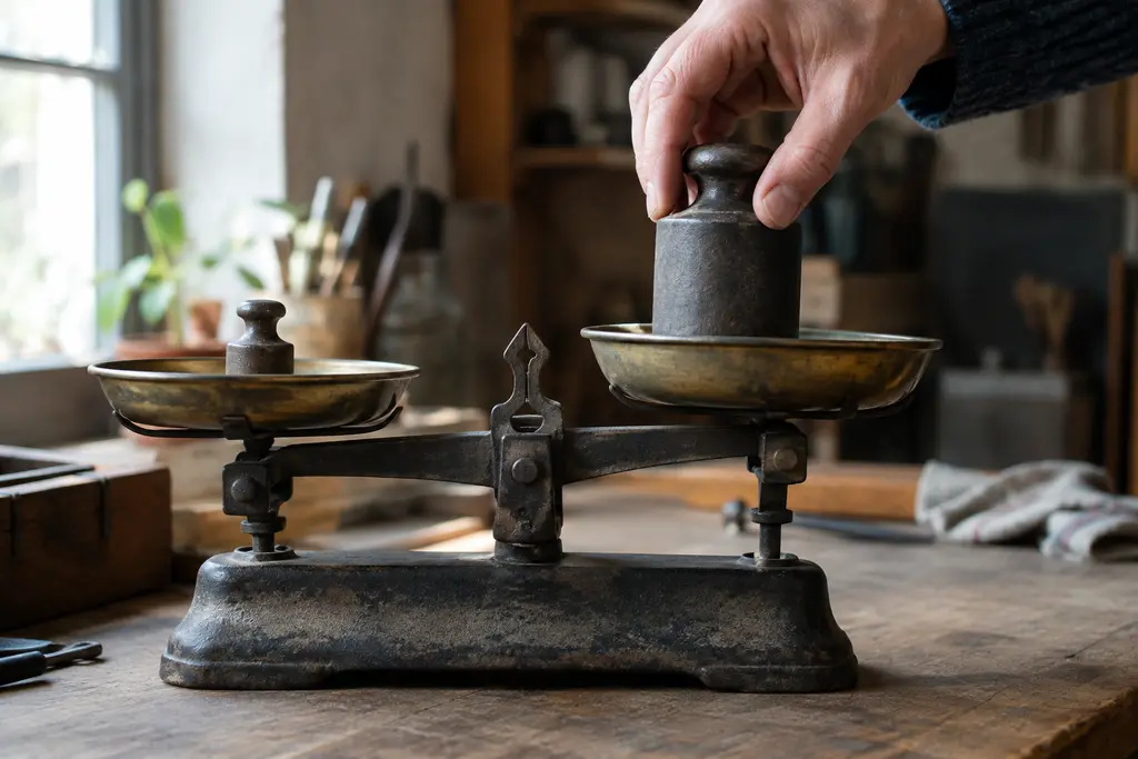 Une main place un poids plus lourd sur le plateau d’une balance ancienne.