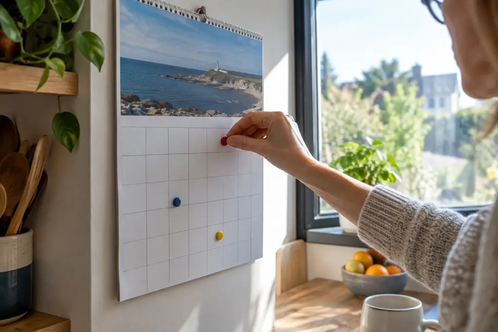 Une main déplace un aimant sur un calendrier mural vierge dans une cuisine.