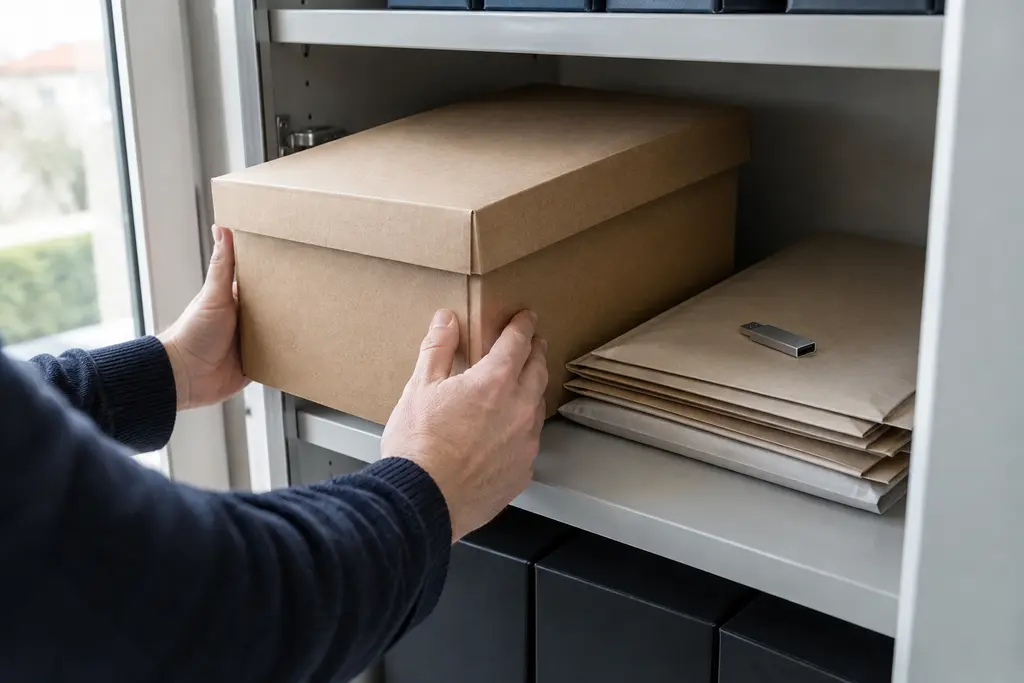 Une main range une boîte d’archives contenant des pochettes neutres dans une armoire.
