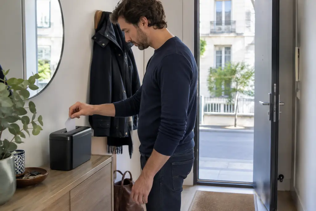 Un homme détruit une carte neutre dans un petit appareil posé dans son entrée.