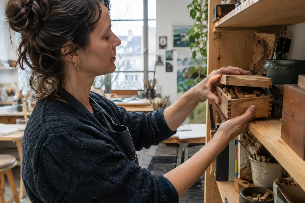 Une femme range un coffret encore rempli de pièces de bois sur une étagère.