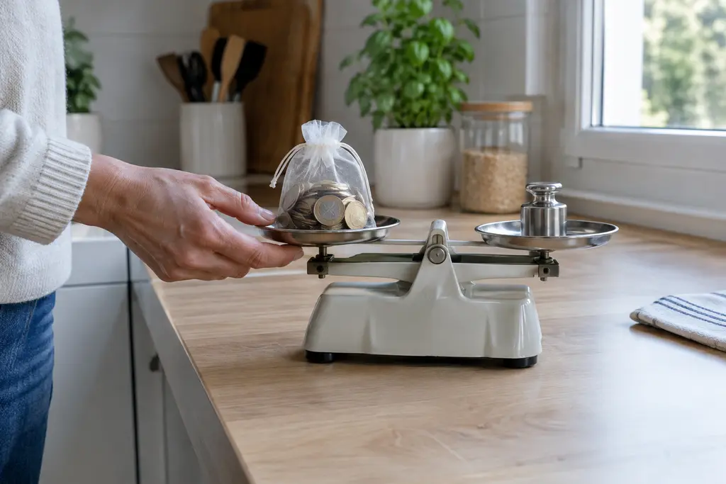 Une main équilibre un sachet de pièces et un poids sur une balance de cuisine.