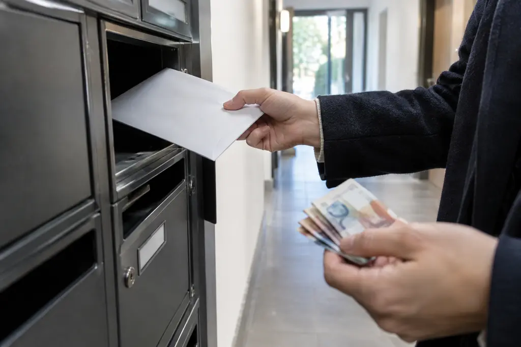 Une main glisse une enveloppe vierge dans une boîte à courrier d’immeuble.