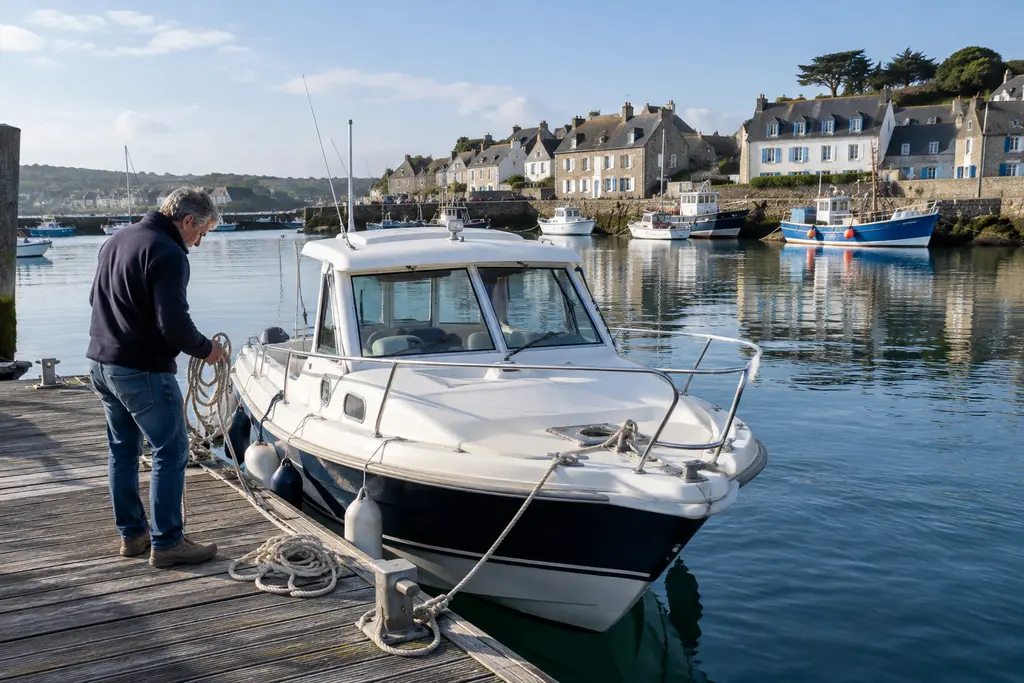 Des amarres sont lovées sur le quai près d’un bateau amarré dans un port breton.