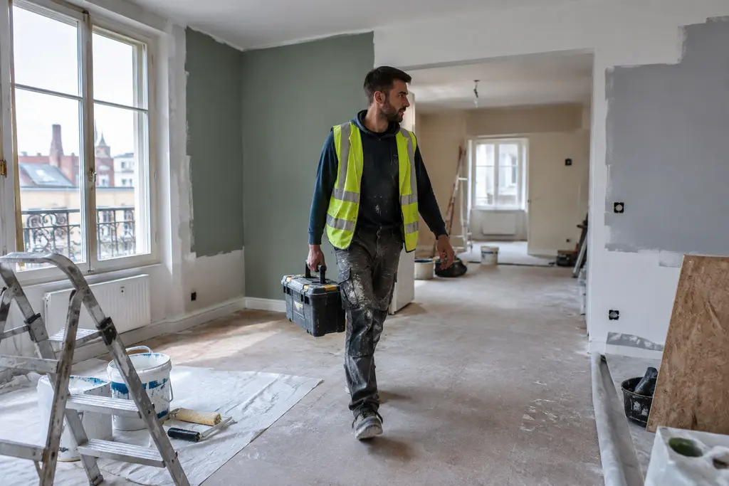Un technicien porte sa boîte à outils dans un chantier de rénovation intérieure.