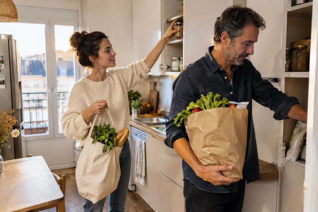 Deux adultes rangent ensemble des courses dans une cuisine claire.