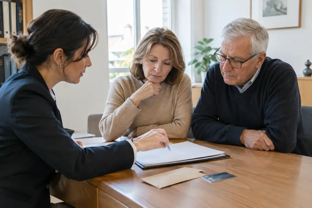 Des proches examinent avec un notaire les documents d’un crédit renouvelable après un décès
